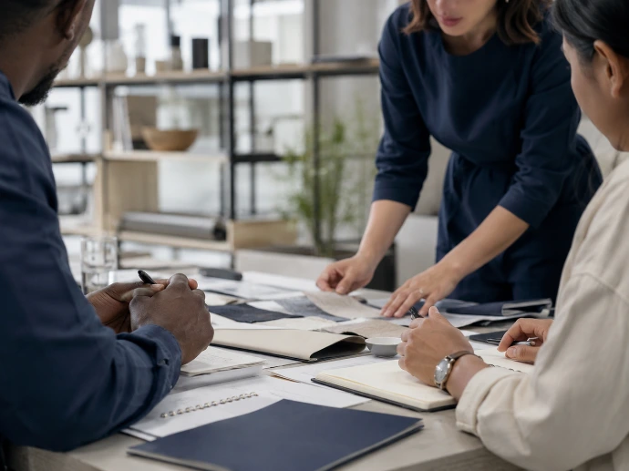 Session de travail professionnelle illustrant le développement du secteur privé et le renforcement des capacités économiques.
